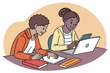 Poster - Two students engaged in studying together at a desk with books and a laptop in a bright learning environment during the afternoon