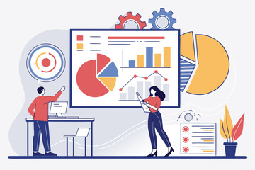 Poster - Business team conducts analysis and presents data insights with charts and graphs during a strategy meeting in a modern office environment