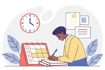 Fototapete - Person actively organizing a weekly calendar at a work desk during the daytime with documents on the wall and a clock showing the time