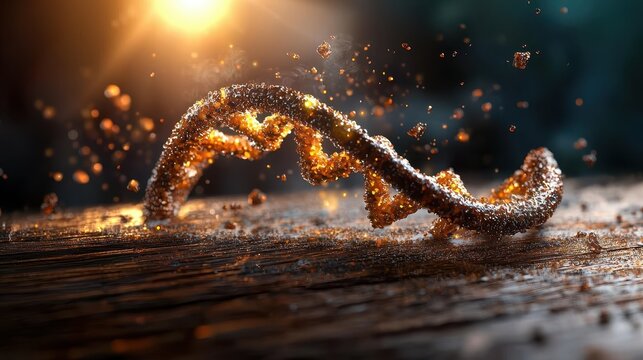 Golden DNA Helix on Dark Wood Abstract 3D Rendering