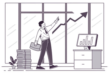 Poster - Business professional in office pointing at growth chart while holding a portfolio and standing next to a desk with financial reports and a plant