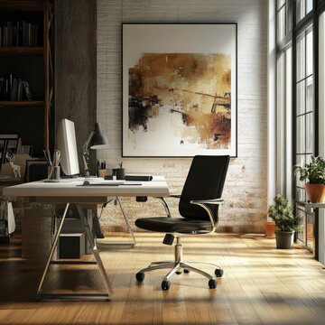 Sunlit minimalist office with abstract art, desk, chair, and plant