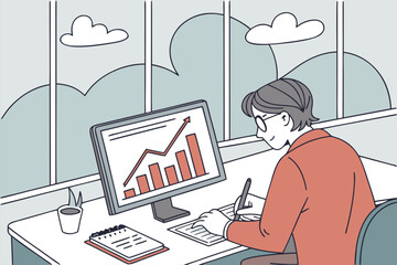 Poster - Professional analyzing sales data in a modern office setting with growth chart displayed on computer screen
