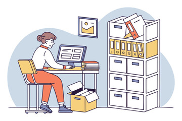 Poster - Woman working at a desk with a computer while organizing files and folders in an office setting during daylight hours