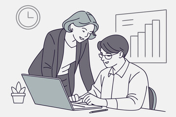 Poster - Colleagues collaborating on a project in an office setting with a clock and growth chart in the background during work hours