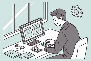 Poster - Man working at a desk with a computer while enjoying coffee and a tidy workspace during daylight hours