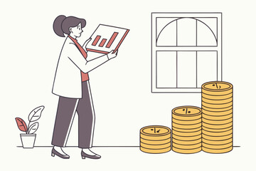 Poster - Business professional analyzing growth metrics while standing next to stacks of coins in a modern office during daytime