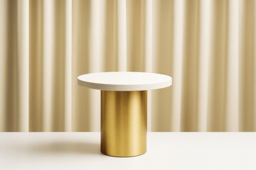 Poster - Modern round pedestal table with white top and golden cylindrical base in minimal light background setting for creative lifestyle concepts.