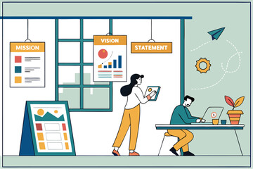 Poster - Creative workspace showcasing mission, vision, and statement charts with a collaborative atmosphere during brainstorming