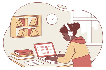 Poster - Young person studying at a desk with a laptop and headphones in a cozy room surrounded by bookshelves during the afternoon