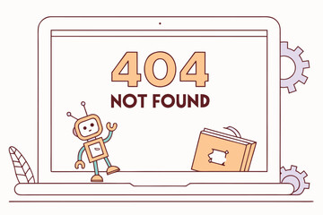 Poster - 404 error page with a robot and a book, designed to indicate a missing webpage or broken link on a laptop screen featuring gears in a light background