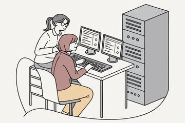 Poster - Two individuals working together at a desk with computers in an office setting, focusing on teamwork and collaboration in a professional environment