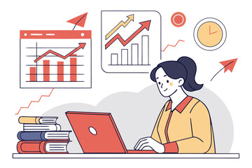 Poster - Person working on a laptop with graphs and charts illustrating data analysis in an office setting during the daytime