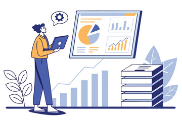 Poster - Business professional analyzing growth metrics on a digital screen, engaged in strategic planning at a modern office space