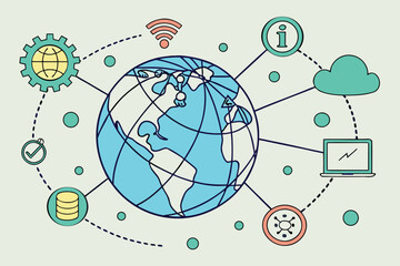 Poster - Conceptual illustration of global connectivity showcasing technology, data flow, and information exchange in a digital landscape with icons and symbols