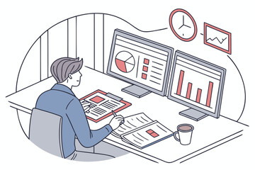 Poster - Professional analyzing data and charts on dual monitors in a modern workspace during daytime, showcasing a focused study session