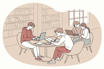 Poster - Students engaged in collaborative study session in a cozy library environment with laptops and textbooks