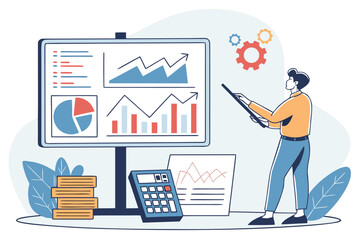 Poster - Business analyst presenting data visualizations and financial graphs in modern workspace with stacked documents and calculator