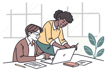 Poster - Collaboration in a bright office space as two professionals engage in a work-related task involving a laptop and written notes
