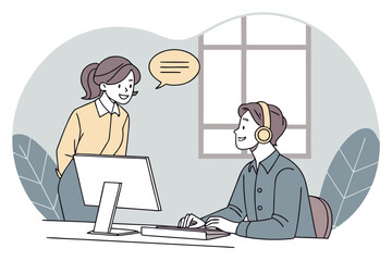 Poster - Engaging conversation between a young woman and a man in a modern workspace with technology and professional interaction