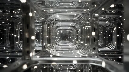 Poster - Abstract Technological Tunnel: A captivating perspective of an endless tunnel constructed with metallic structures and illuminated by radiant particles.