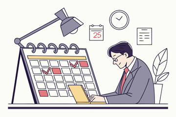 Poster - Business professional organizing schedule at desk with calendar, lamp, and plant in modern workspace