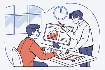 Poster - Workplace collaboration between two young professionals reviewing data on a computer screen in a modern office setting during daylight hours