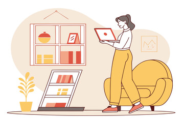 Aufkleber - Person standing near a yellow sofa holding a laptop while engaging with a bookshelf and displayed items in a cozy interior setting
