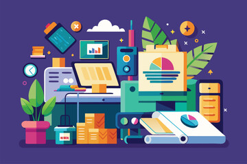 Fototapete - Colorful workspace with computer and office supplies showcasing productivity and organization in a modern environment