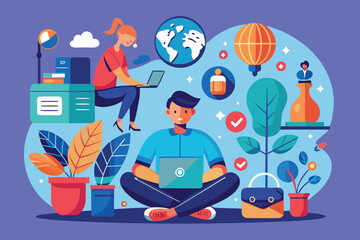 Poster - Creative workspace illustration featuring a woman working on a laptop and a man using a computer with plants and decor elements