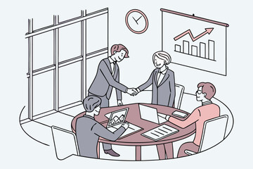 Poster - Business professionals engaging in a handshake during a meeting while colleagues present data and analysis in a modern office setting
