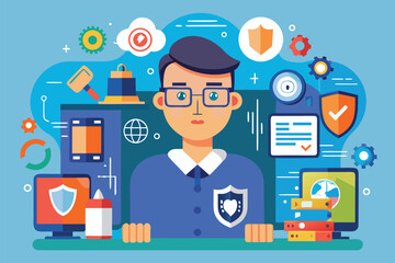 Poster - Professional man surrounded by cybersecurity icons, tools, and illustrations representing digital protection in a modern workspace environment