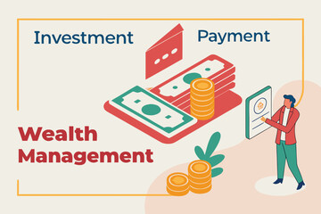 Poster - Wealth management concept illustrating investment and payment strategies with cash and coins, emphasizing financial planning
