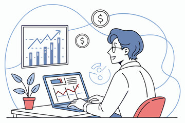 Poster - Business professional analyzing financial data on laptop while surrounded by charts and dollar symbols