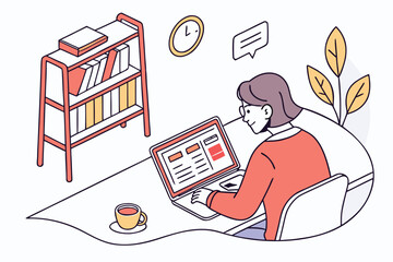 Poster - Working at a cozy desk in a modern workspace with bookshelves and a cup of coffee in a bright afternoon setting