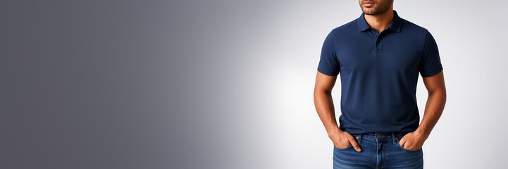 Poster - Confident man wearing navy polo shirt standing against clean gradient background with copy space for banner or advertising design template concept.