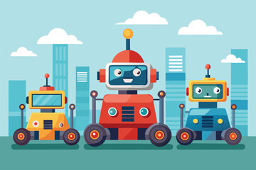 Poster - Colorful cartoon robots stand against a city skyline, showcasing playful designs and whimsical features in a vibrant urban environment