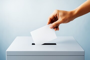 Poster - Hand placing blank card into a ballot box on light background with copyspace concept for mockup, branding, advertising or promotion design template.