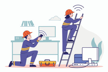 Poster - Workers performing maintenance on communication equipment in an office environment during the daytime with safety gear and tools
