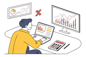 Poster - Business professional analyzes financial data with charts on screens during work in an office environment