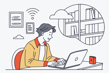 Aufkleber - Person working on laptop in a modern workspace with bookshelf and wireless connection details visible
