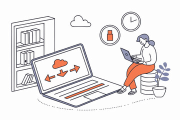 Poster - digital workspace with a person sitting on a stool, managing online tasks with a laptop while surrou