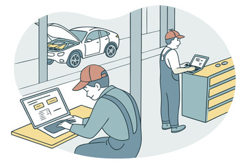 Poster - Workers servicing vehicles while using laptops in a modern automotive workshop during daytime with cars visible outside the window