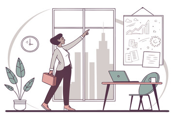 Poster - Businesswoman presenting ideas in a modern office overlooking a city skyline during daylight hours