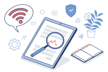 Poster - Exploring digital analytics through a tablet with diagrams, checkmarks, and study materials enhancing understanding of data management and technology