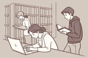 Poster - Students engaged in study activities at a library during the afternoon, exploring books and using a laptop for research and learning