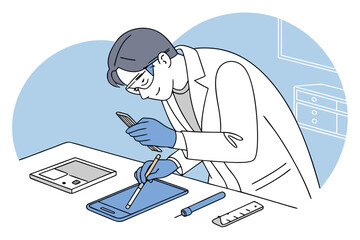 Poster - Scientist working on a tablet repair using precision tools in a laboratory setting with a focus on safety and technical skills