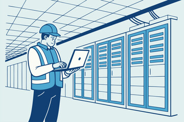 Poster - Worker checks data center equipment with laptop while standing in server room during daylight hours