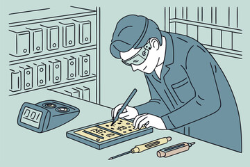 Poster - Technician working on circuit board design in a workshop setting with tools and organized storage