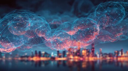 Poster - Digital Network Over the City: An interconnected digital network hovers above a modern cityscape at night. Illustrating the concepts of connectivity, technology, and urban life.